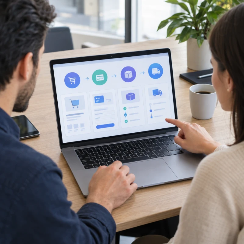 Bilgisayar üzerinde e-ticaret ödeme ve kargo akışını birlikte kontrol eden iki kişi
