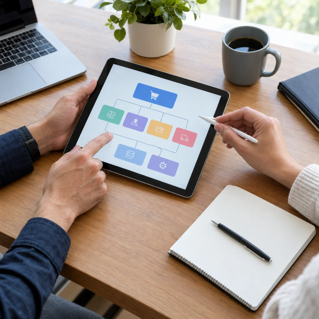 Tablet ve notlar üzerinde e-ticaret projesinin kapsamını değerlendiren kişiler